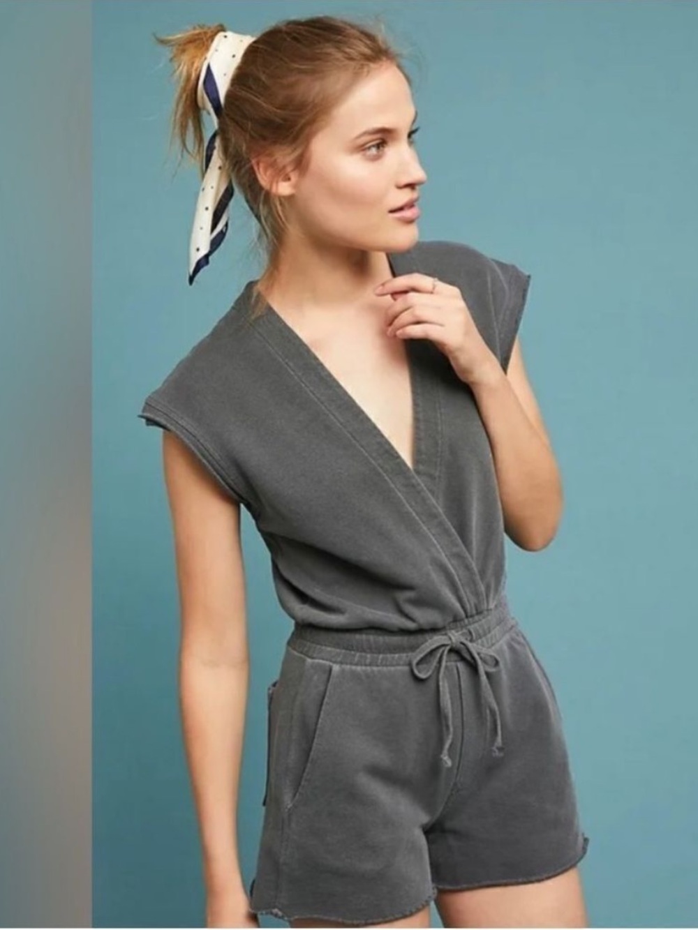 AMO gray shorty romper womens S terry cotton sleeveless tie waist